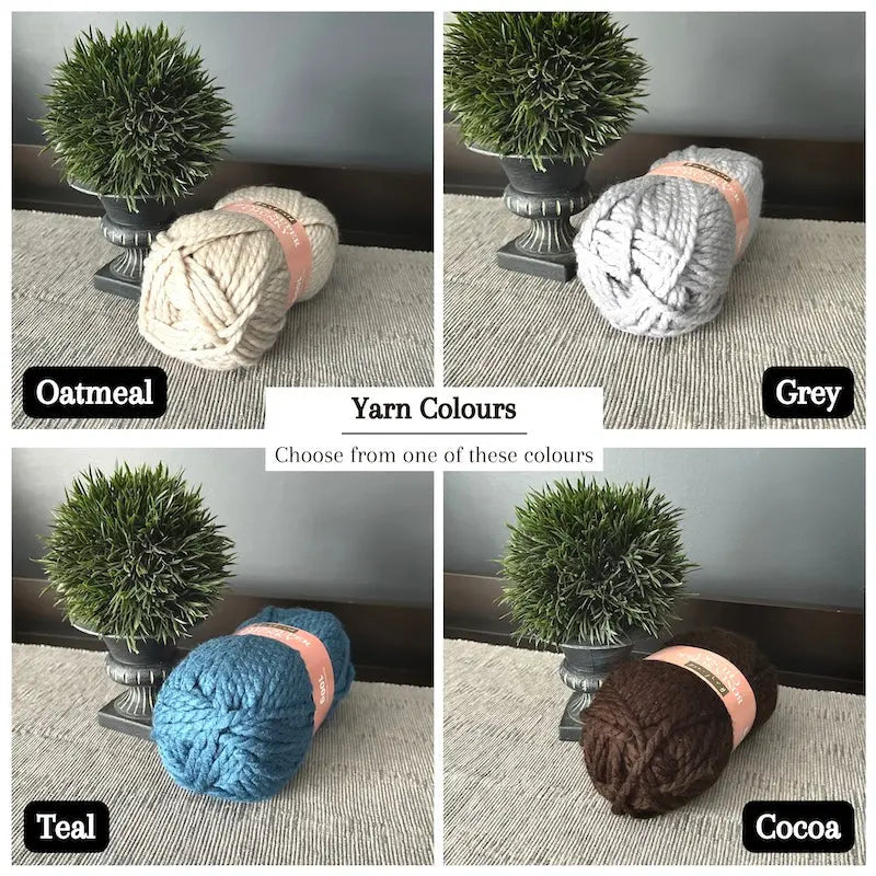 Colour options for your DIY crochet kit include oatmeal, cocoa, teal and grey.