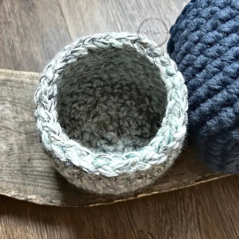 A closer look at the inside of one of the finished baskets, made from this crochet pattern.