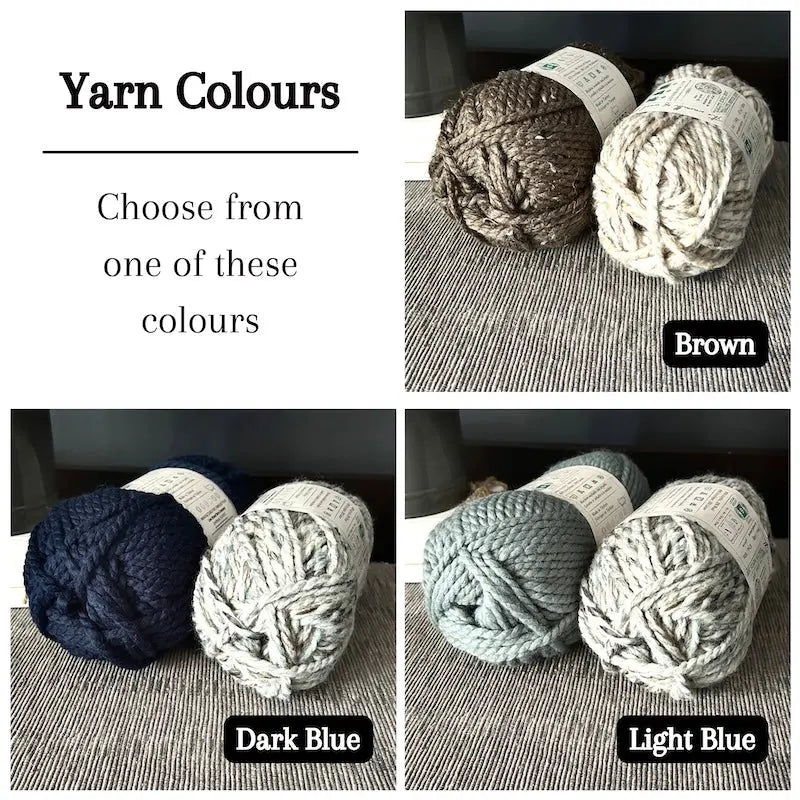 Colour options for your DIY crochet kit include brown, light blue, and dark blue.