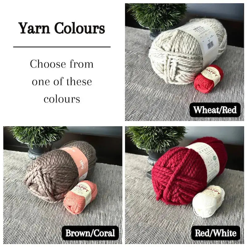 Colour options for your DIY crochet kit include wheat/red, brown/coral, and red/white.