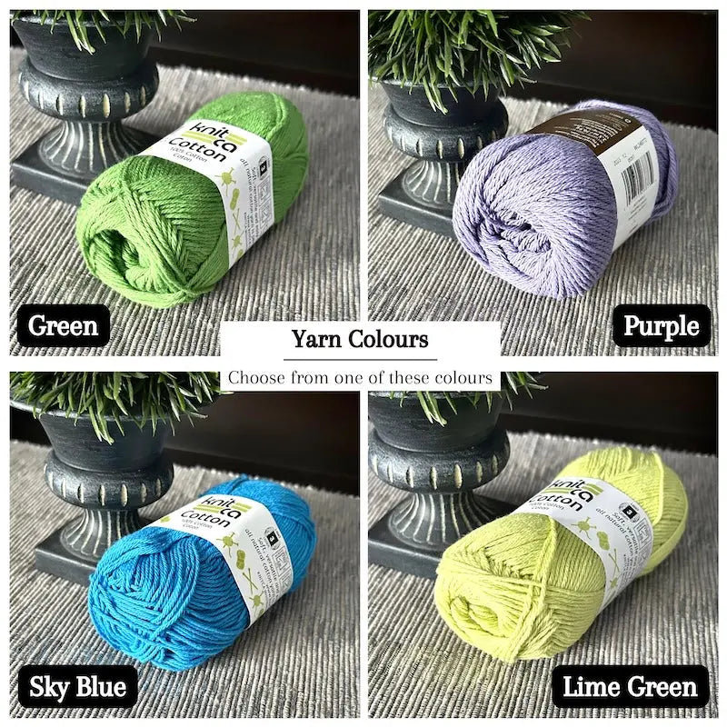 Colour options for your DIY crochet kit include green, lime green, sky blue and purple.