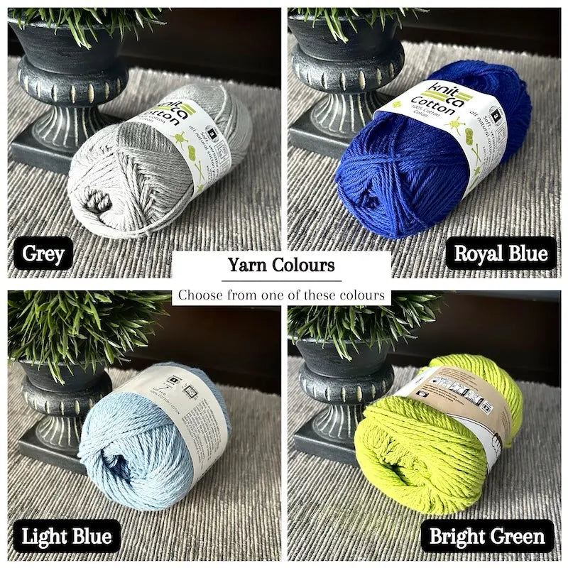 Colour options for your DIY crochet kit include grey, bright green, light blue and royal blue.