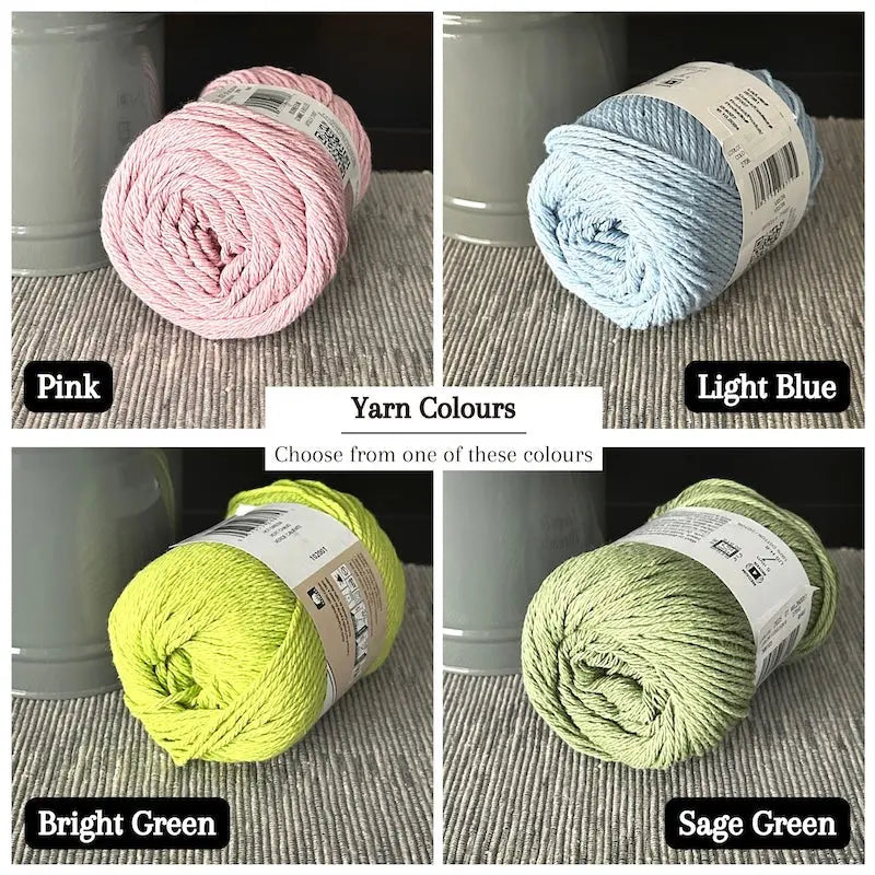 Colour options for your DIY crochet kit include pink, bright green, light blue and sage green.