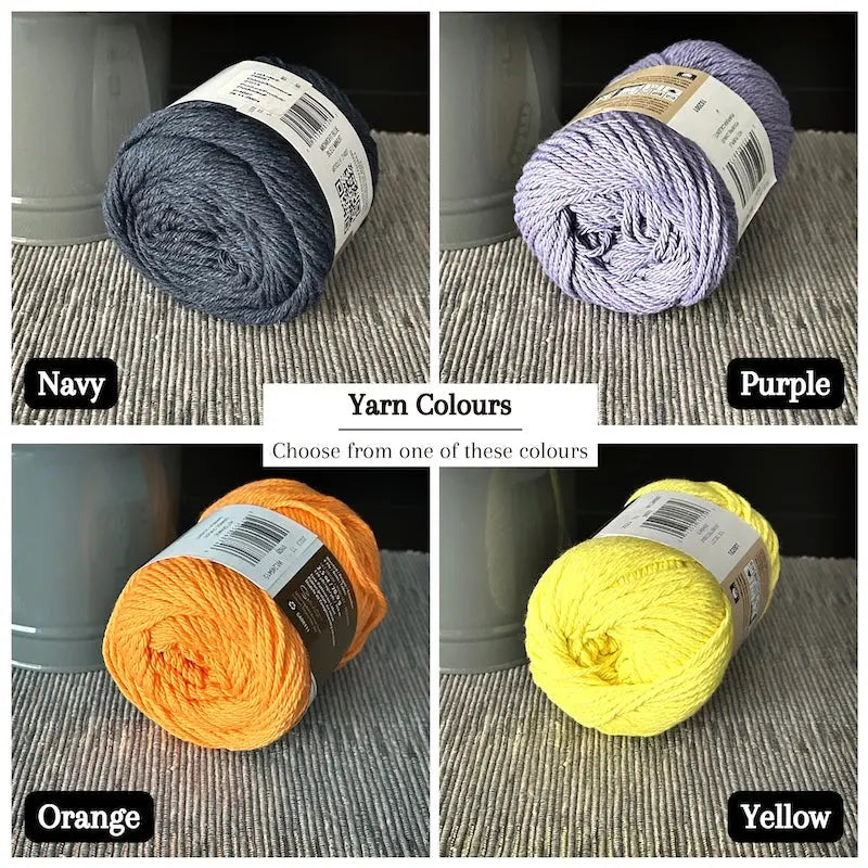 Colour options for your DIY crochet kit include blue, purple, orange and yellow.