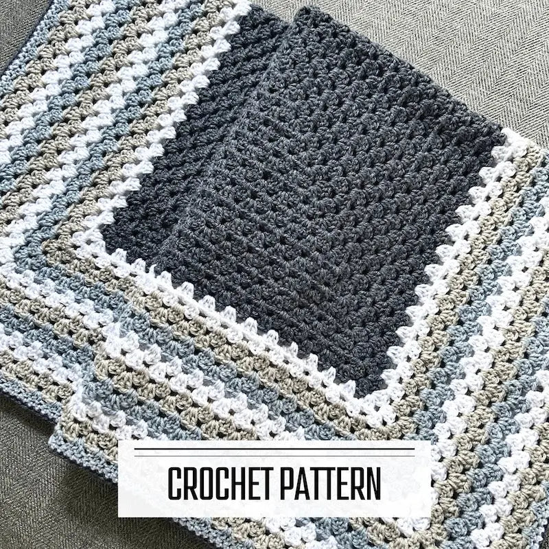 A digital PDF crochet pattern for a couch throw blanket. The finished blanket is hanging over a couch.
