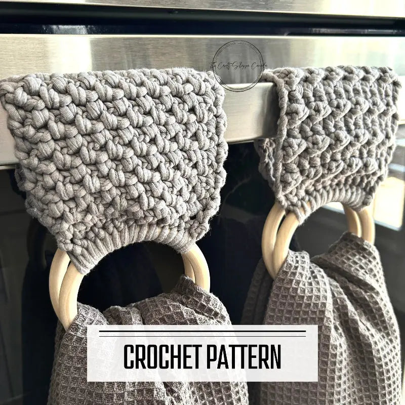A digital PDF crochet pattern for a tea towel holder. The towel holders are hung over a handle on the stove.