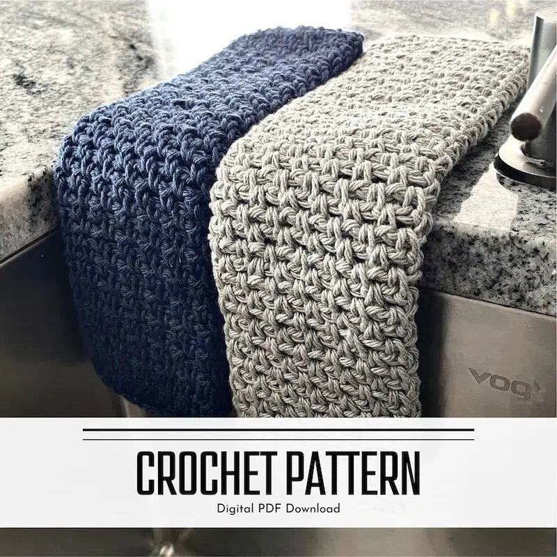 A digital PDF crochet pattern for a dishcloth washcloth. The washcloths are sitting on a wooden board with yarn and a crochet hook.