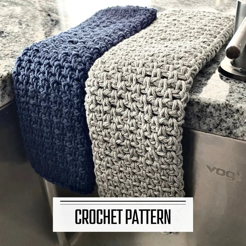 A DIY crochet pattern for a dishcloth washcloth. The finished washcloths are draped over a sink.