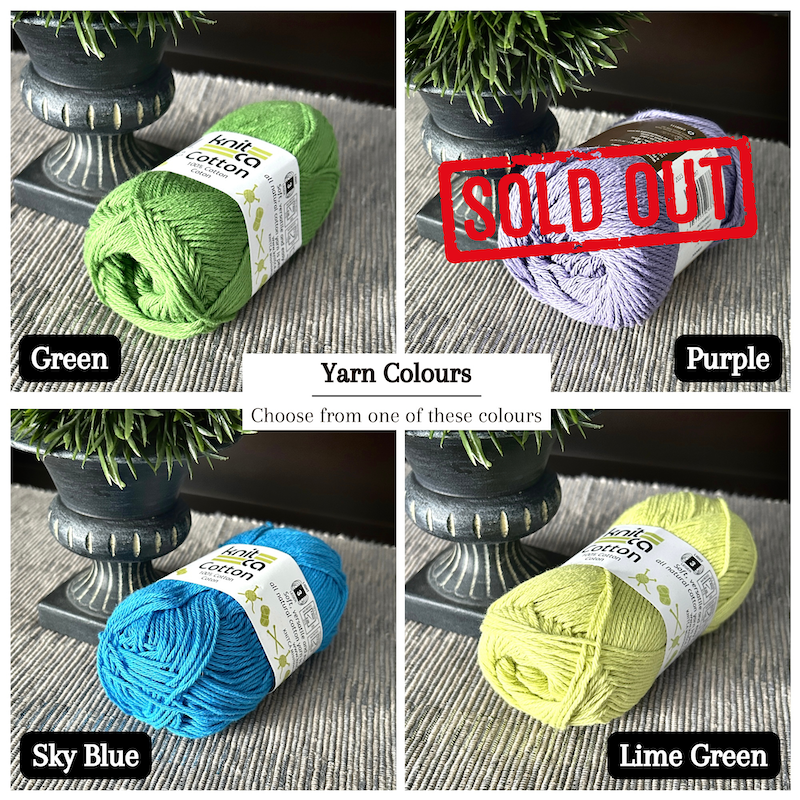 Colour options for your DIY crochet kit include green, lime green, sky blue and purple.
