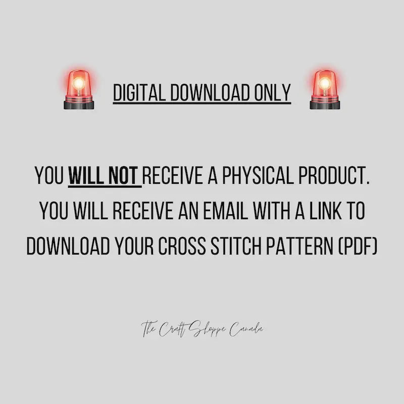 A warning that this cross stitch pattern is a digital download only and that a finished item will not be sent.