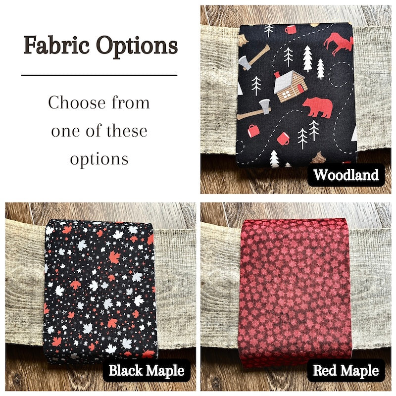 Fabric options for your DIY cross stitch kit include woodland, black maple, and red maple.