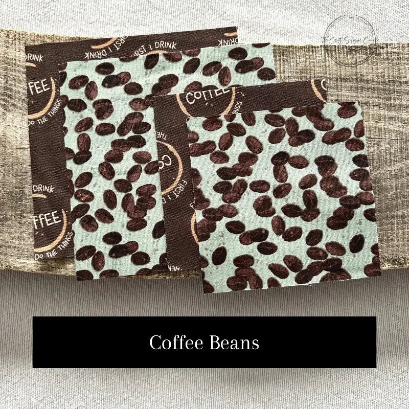 Fabric options for this sewing kit featuring a coffee pattern of brown and light blue colours.