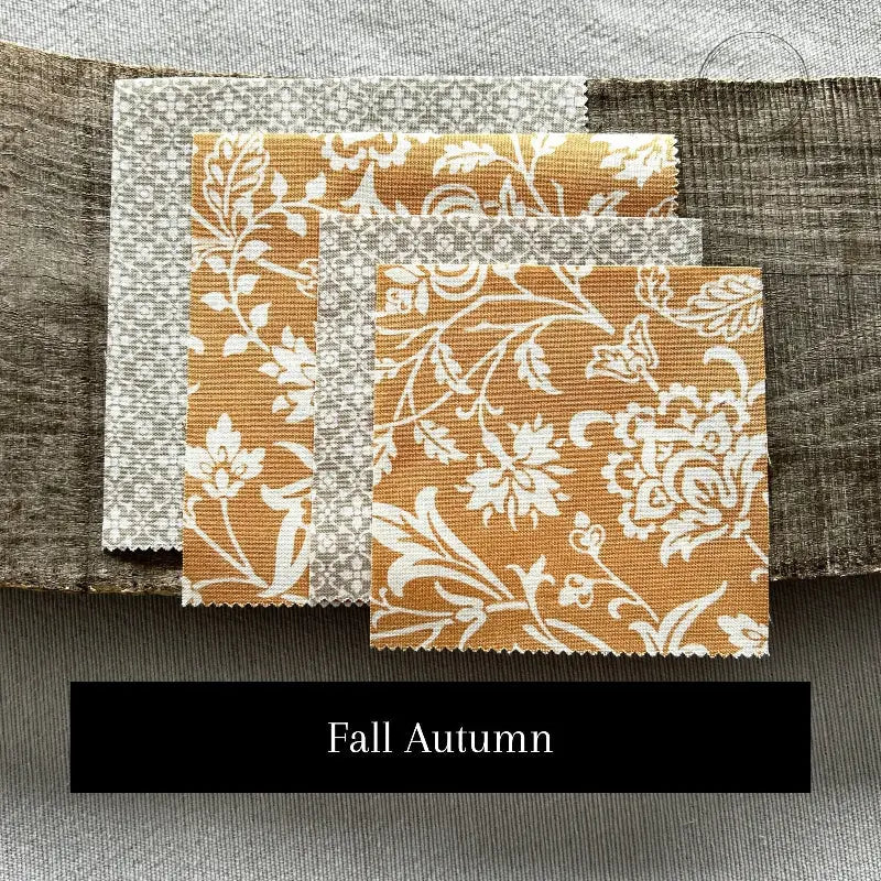Fabric options for this sewing kit featuring a fall theme pattern of brown and orange colours.