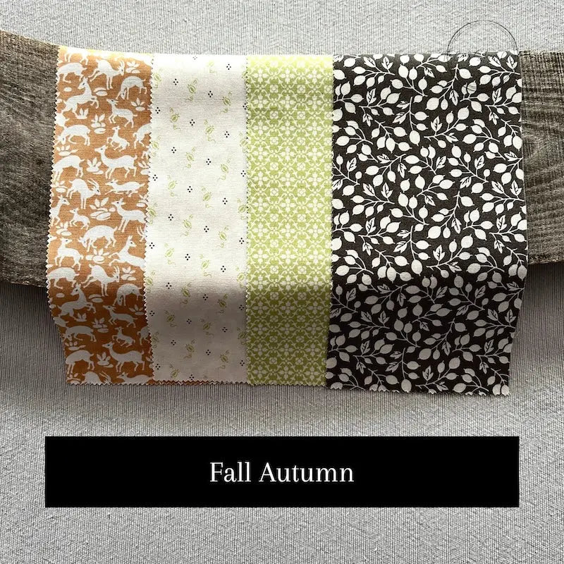 Fabric options for this sewing kit featuring an autumn pattern of brown and green colours.