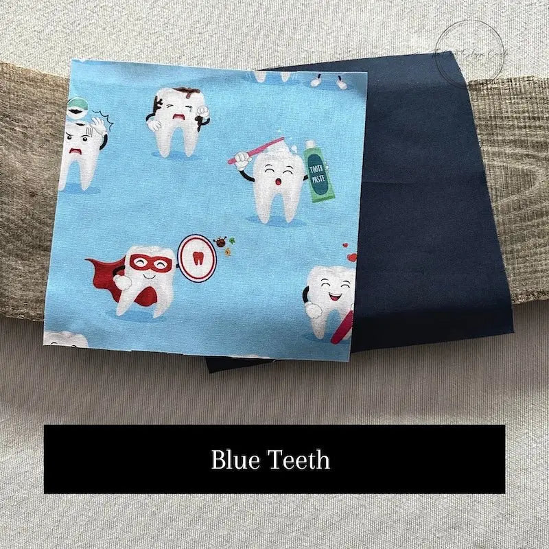 Fabric options for this sewing kit featuring light and dark blue colours.