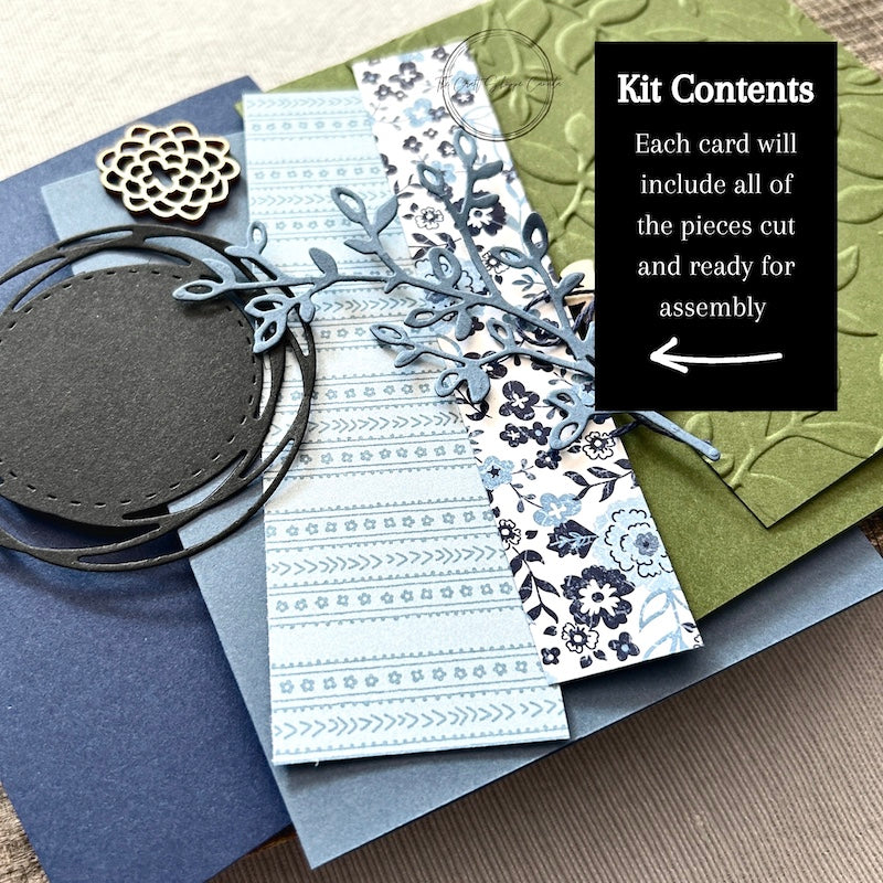 A close-up of the pre-cut card elements, special adhesives, and instructions from the monthly subscription kit. Cards ready to be assembled into beautiful, handmade creations - The Craft Shoppe Canada