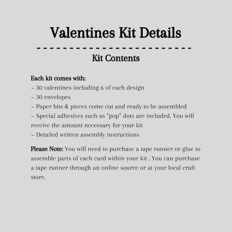 A detailed list of what is included in your Valentines card making kit.