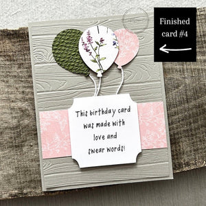 One of the 4 completed birthday cards created from the kit, showcasing funny sentiments and designs - The Craft Shoppe Canada