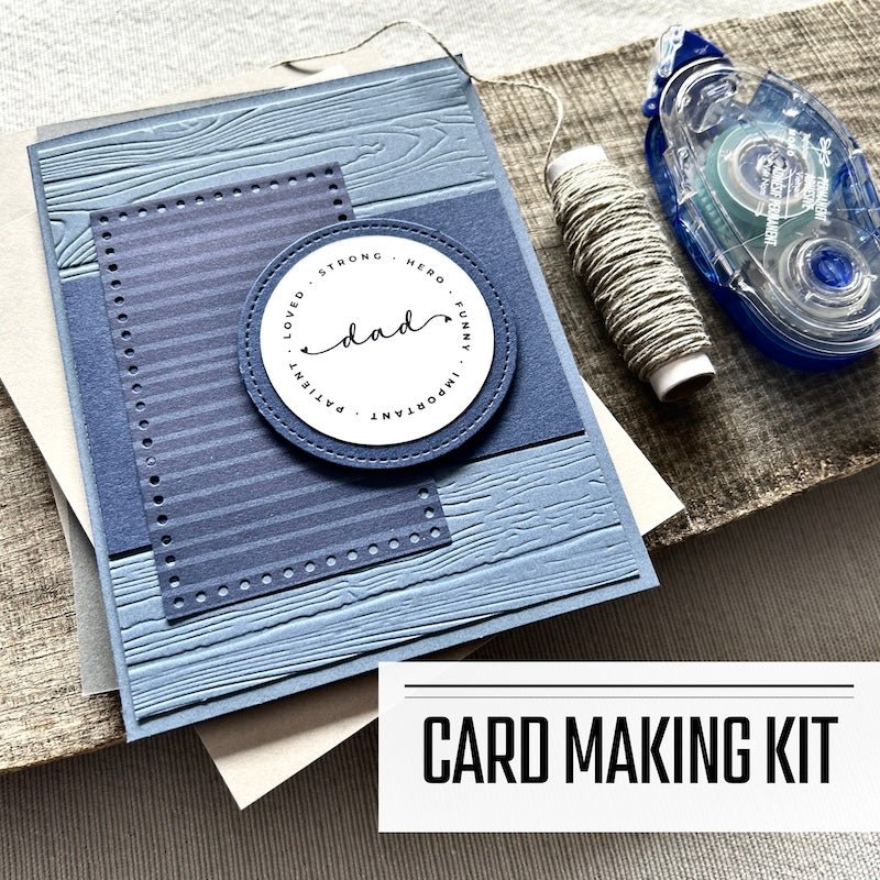 A DIY greeting card kit for Mother's Day and Father's Day cards. A finished card is sitting on blank cards with a roll of twine and a tape runner - The Craft Shoppe Canada 