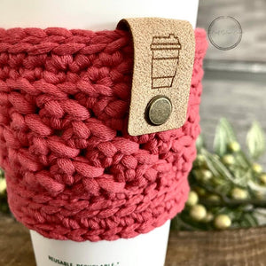 Close-up of a soft coffee sleeve made measuring 4 inches wide and 3 inches long in red - The Craft Shoppe Canada