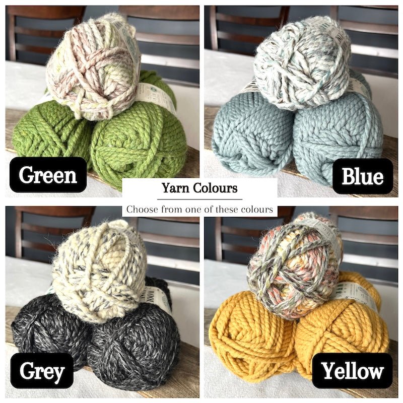 Colour options for your DIY crochet kit include green, blue, grey and yellow - The Craft Shoppe Canada