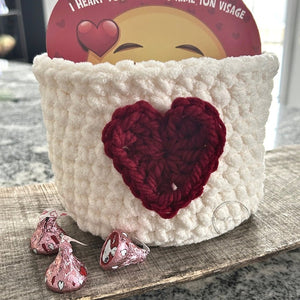 Another close-up of the basket filled with chocolates, Made using our Valentine’s crochet kit—ideal for beginners and experienced crafters - The Craft Shoppe Canada