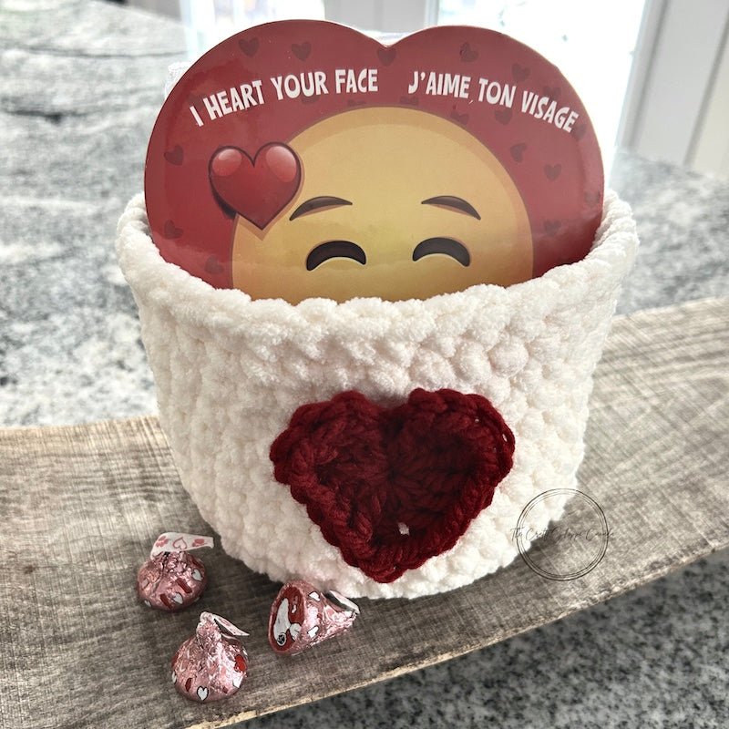 Close-up of the basket filled with chocolates, Made using our Valentine’s crochet kit—ideal for beginners and experienced crafters - The Craft Shoppe Canada