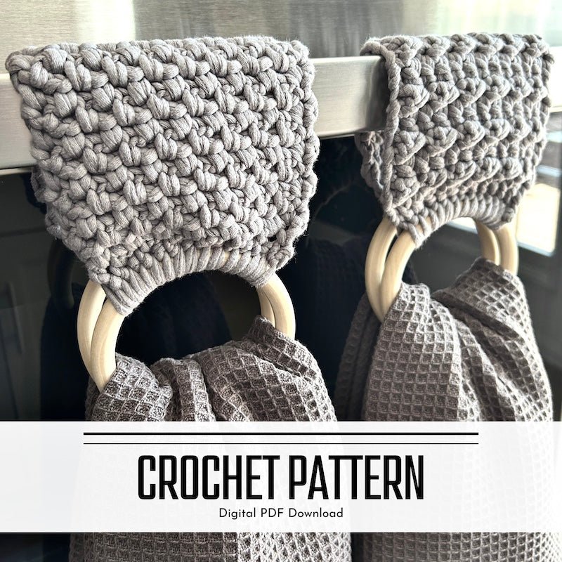 A digital crochet pattern for a tea towel holder. The towel holders are hung over a handle on the stove - The Craft Shoppe Canada