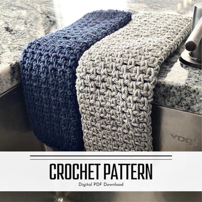 A digital crochet pattern for a washcloth. The washcloths are hanging over a silver sink - The Craft Shoppe Canada