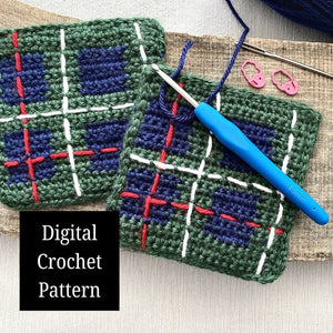 A step by step digital Crochet pattern that comes with detailed instructions to put together a set of Scottish tartan coasters - The Craft Shoppe Canada