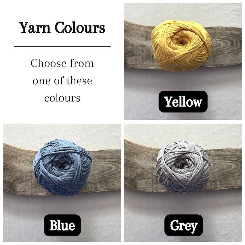 Colour options for your DIY crochet kit include yellow, blue and grey - The Craft Shoppe Canada