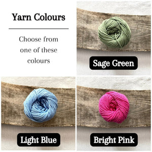 The yarn colours you can choose for your kit including sage green, light blue or bright pink - The Craft Shoppe Canada