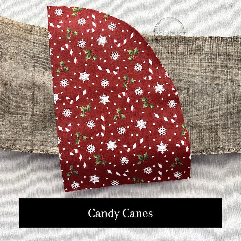 Fabric options for this DIY sewing kit featuring a Christmas candy cane pattern of green and red colours - The Craft Shoppe Canada