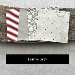 Fabric choices include a mix of grey and red Christmas fabric squares when ordering your kit - The Craft Shoppe Canada