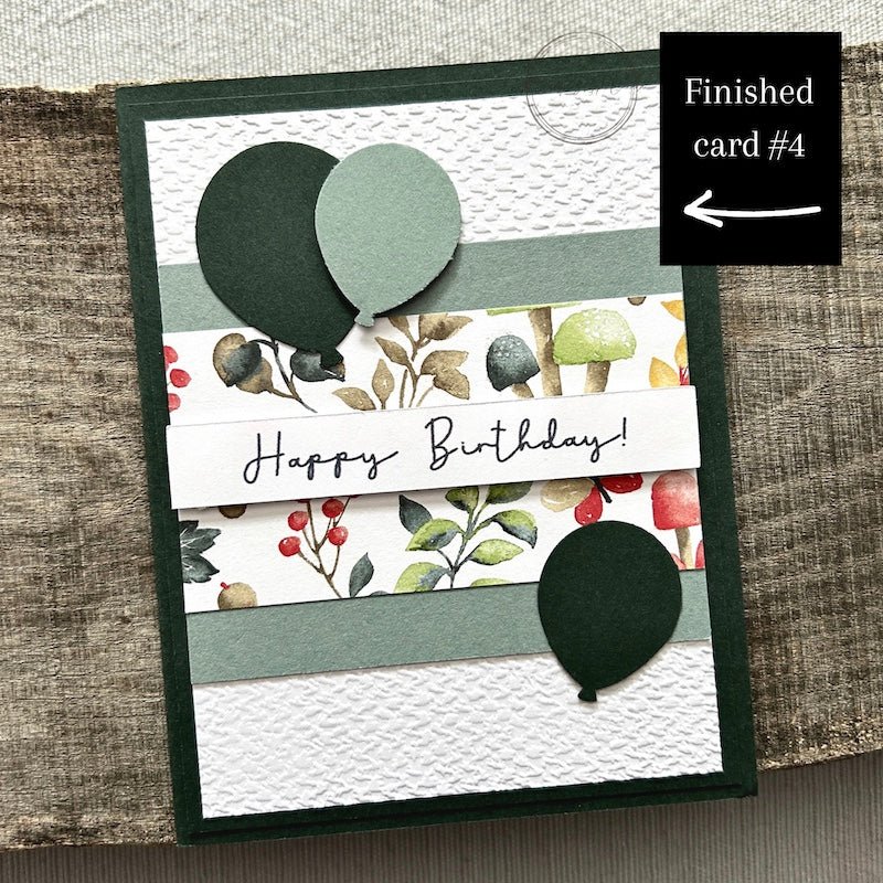 One of the 4 completed birthday cards created from the kit, showcasing festive birthday sentiments and designs - The Craft Shoppe Canada