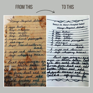 The difference between the original recipe provided with food marks and grease stains to the final copy - The Craft Shoppe Canada