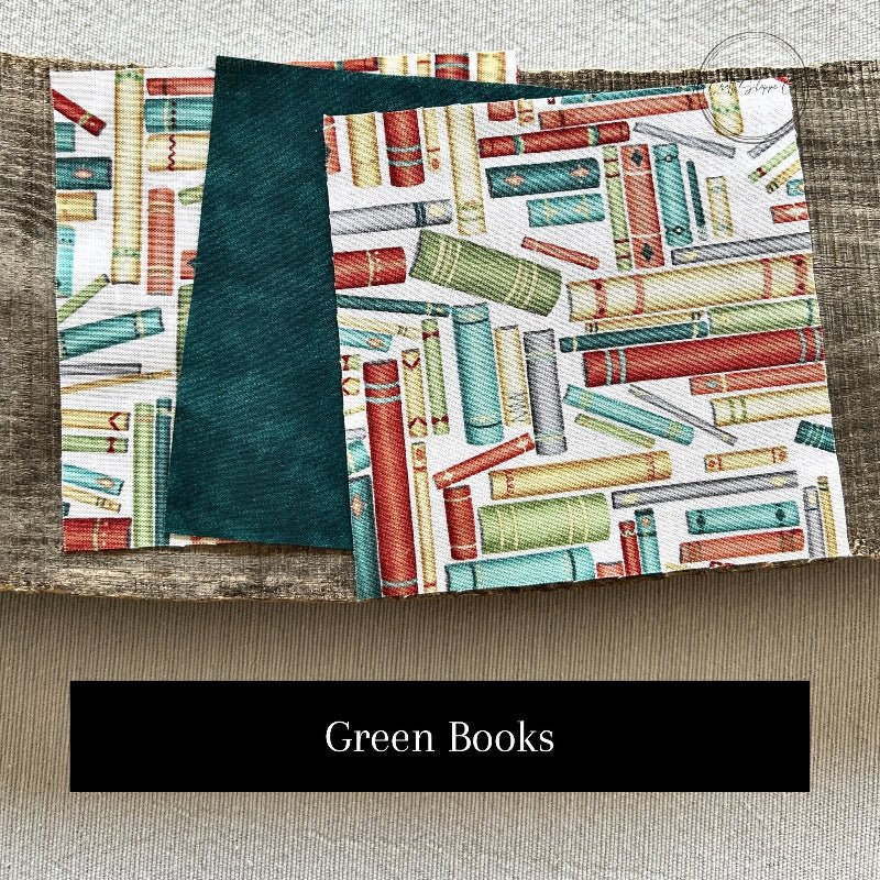 One of the fabric options for the kit. This fabric pattern shows a green book set - The Craft Shoppe Canada