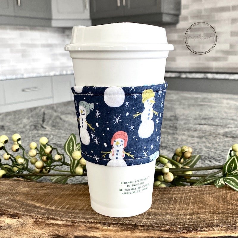 Blue Coffee Sleeve for Christmas | Snowman Cup Wrap | Eco Friendly Mug Cozy - The Craft Shoppe Canada