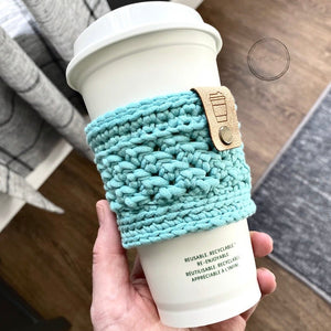 Teal Coffee Cozy | Crochet Cup Sleeve for Traveller | Reusable Mug Wrap - The Craft Shoppe Canada